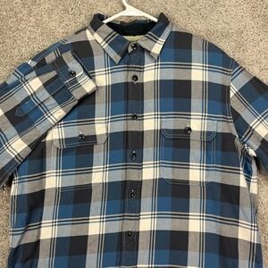 J Crew Mens Flannel Shirt Jacket Blue Plaid Sherpa Lined Button Up Large Shacket